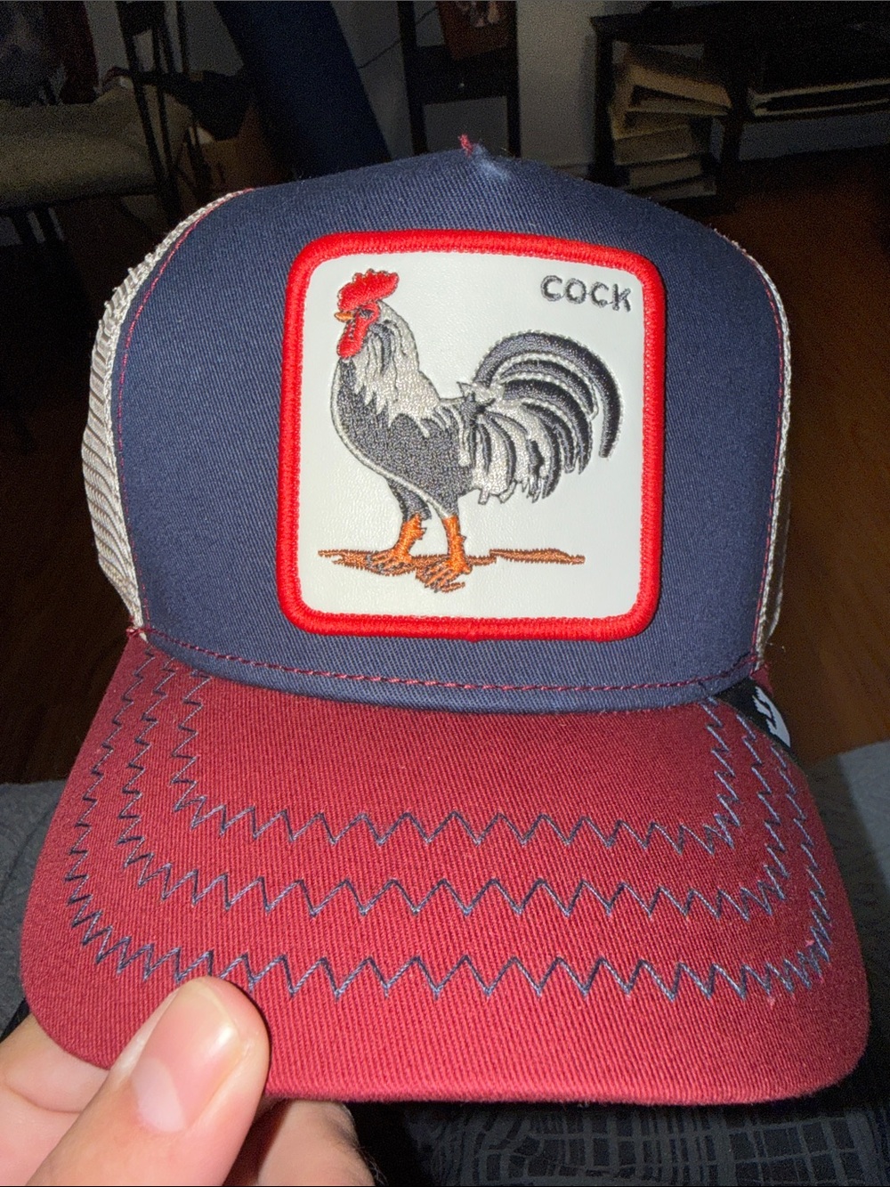 Goorin Bros Rooster Patch Trucker Hat - Navy & Burgundy